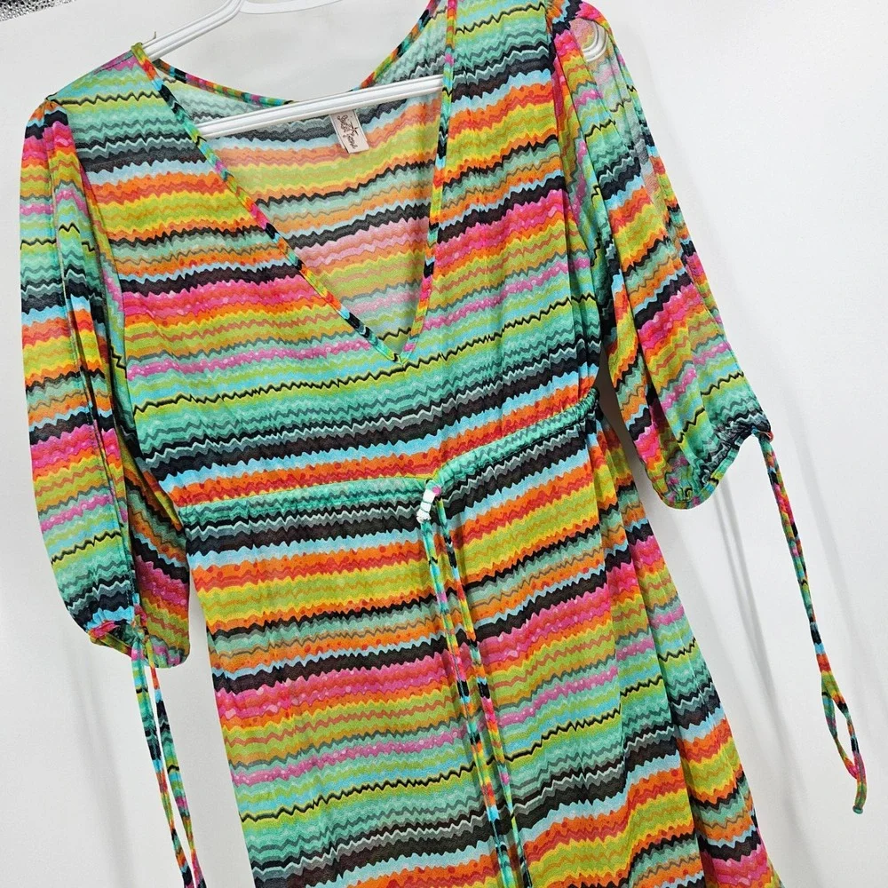 Luli Fama Coverup Dress Multicolor Mesh Sheer Striped Chevron V-neck Tunic Sz S